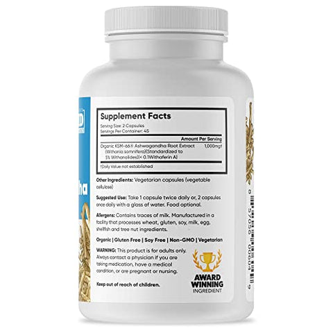 KSM-66 Ashwagandha: Extrato Puro de Raiz Orgânica, Potência de 1.000mg, 5%% Withanolides, Saúde Hormonal, Suporte Cognitivo, 90 Cápsulas - Brain Forza