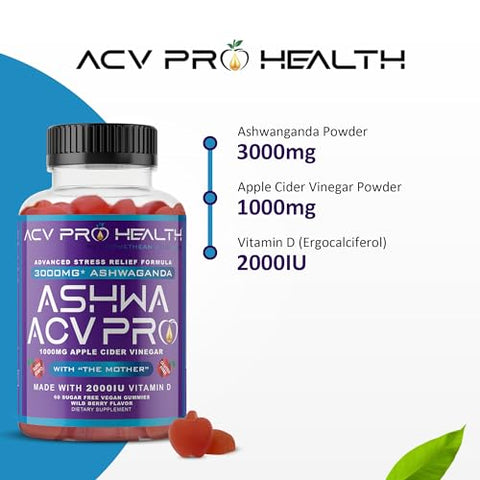 Promethean Wellness - Ashwa ACV Pro Health – Gomas de Vinagre de Maçã sem Açúcar, Gomas de Ashwagandha, Gomas Avançadas de ACV Keto, Suplementos de Ashwagandha com Vitamina D, Alívio do Estresse