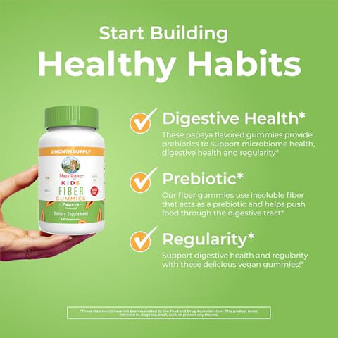 Suplemento Nutricional Infantil, 2 Meses de Fornecimento, Sem Açúcar, Prebiótico, para Crianças a partir de 2 anos, Suporte para Saúde Intestinal e Digestão, 3g de Fibra Solúvel por Goma, 60 Unidades - MaryRuth Organics