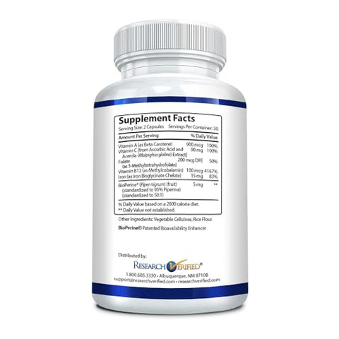 Research Verified - Pesquisa Verificada Anemia Support – Reposição de Ferro, Regulação de Hemoglobina, Melhora de Energia – Ferro, Vitamina C, Vitamina A, B12, Folate, BioPerine – 60 Cápsulas – Vegano