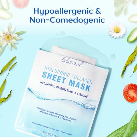 40 Pacote Máscaras Faciais Hidratantes de Colágeno Peptídeo, Máscaras Faciais Firmadoras e Clareadoras Instantâneas, Máscaras de Spa Hidratantes para Cuidados com a Pele com Ácido Hialurônico, Vitamina - Ebanel