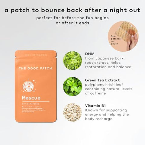 Rescue After Party Patch – Patch Natural com DHM, Vitamina B1, Chá Verde, Bem-Estar Vestível Impulsionado por Plantas, Recupere-se Após uma Noite Fora (24 Patches no Total) - The Good Patch