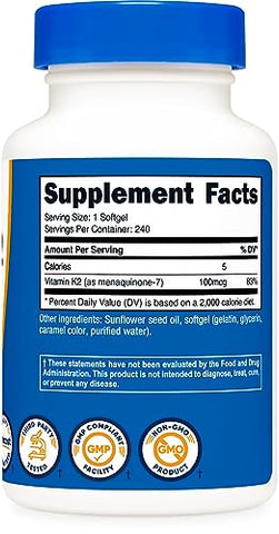 Vitamina K2 MK-7 100 mcg, 240 Softgels – Livre de Glúten e Não-OGM MK7 - Nutricost
