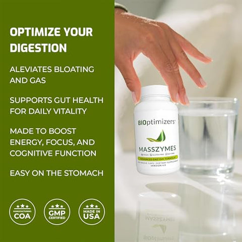 MassZymes – Enzimas Digestivas Completas para Saúde Intestinal – Alívio de Inchaço para Homens e Mulheres – Enzimas Digestivas de Lipase Amilase Bromelina (250 Cápsulas) - BiOptimizers