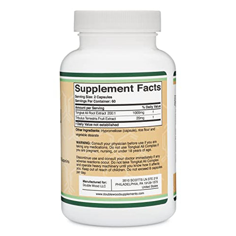 Double Wood Supplements - Extrato de Tongkat Ali 200 para 1 para Homens (Longjack) Eurycoma Longifolia, 1020mg por Porção, 120 Cápsulas – Suporte à Saúde Masculina com 20mg de Tribulus Terrestris (Testado por Terceiros)