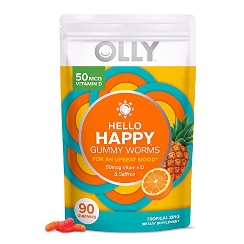 Hello Happy Gummy Worms – Equilíbrio de Humor, Vitamina D, Açafrão – Suplemento Mastigável para Adultos - OLLY