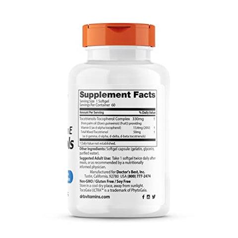 Doctor's BEST - Vitamina E Tocotrienóis Doctor’s Best contém TocoGaia ULTRA™ complexo de vitamina E de espectro completo bioaperfeiçoado, 60 cápsulas
