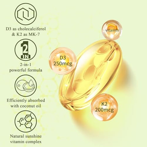 LETSCOL - Suplemento Softgel Vitamina D3 K2 2 em 1, Vitamina D3 10000 UI e Vitamina K2 200 mcg, K2 MK7 com Suporte de Vitamina D3 para Imunidade, Coração, Articulações e Dentes