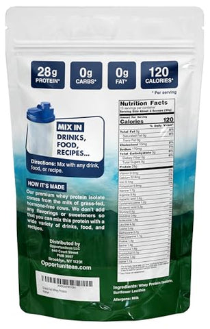 Proteína Isolada de Soro de Leite de Vacas Alimentadas com Capim – Sem Sabor 28g de Proteína em Pó sem Adoçantes Artificiais, Livre de Hormônios, Não-OGM – 454g - Opportuniteas