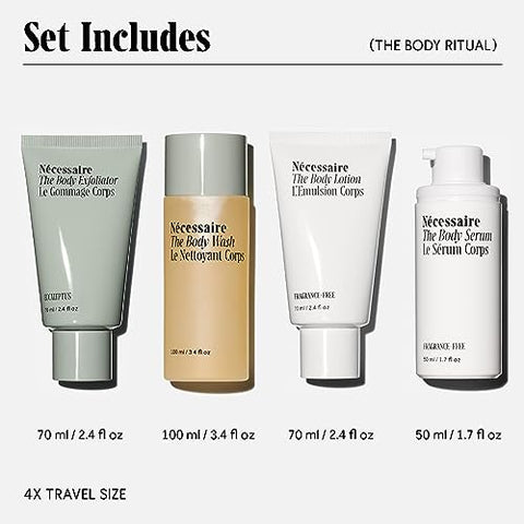 The Body Ritual Set. 4 x Viagem. Suaviza, Repõe, Firmeza, Hidratação com AHA/BHA/PHA, Ácido Hialurônico, Peptídeos, Niacinamida. Testado por Dermatologistas. Hipoalergênico - Nécessaire