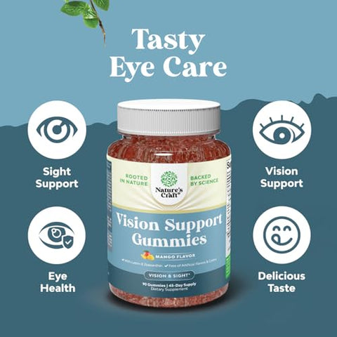 Natures Craft - Zeaxanthin Plus Lutein Gummies – Vitaminas Oculares Potentes para Adultos – Proteção contra Luz Azul e Visão – Suplementos Diários para Saúde Ocular – Olhos Secos e