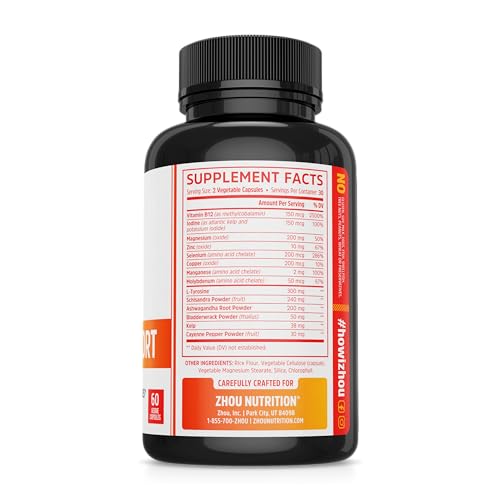 ZHOU - Zhou Complexo de Suporte à Tireoide com Suplemento de Iodo, Aumente a Energia, Combata a Névoa Cerebral com Vitamina B12, Iodo, Magnésio, Zinco, Selênio, Sem Soja, Sem Glúten, 30 Porções, 60 Cápsulas