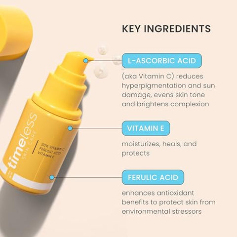 Serum Vitamina C E Ácido Ferúlico – 30ml – Fórmula Leve e Não Oleosa – Use Diariamente para Iluminar e Restaurar - Timeless Skin Care