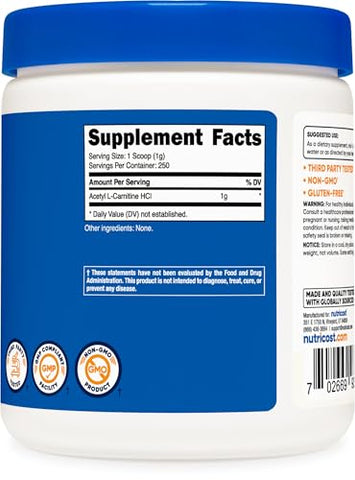 Acetyl L-Carnitine (ALCAR) em Pó 250g – 1g por Porção – 250 Porções - Nutricost