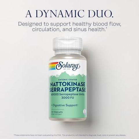 SOLARAY - Solaray Nattokinase Serrapeptase – Suplemento Enteric Coated – 3000 FU – Suporte Circulatório, Cardiovascular e Sinusal – Verificado em Laboratório, Garantia de 60 Dias – 30 Cápsulas