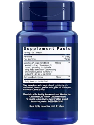 MacuGuard Suporte Ocular com Açafrão – Suplemento para a Saúde dos Olhos – com luteína, meso-zeaxantina, zeaxantina, açafrão – Livre de Glúten, Não-OGM – 60 cápsulas - Life Extension