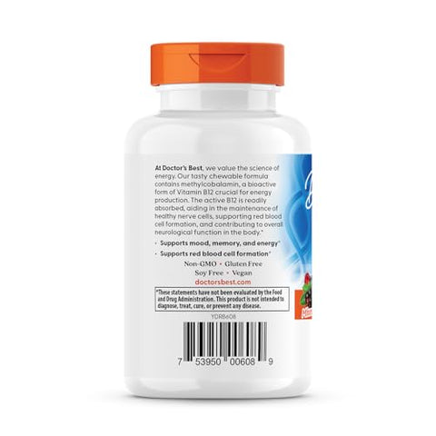Doctor's BEST - Vitamina B12 Mastigável Doctor’s Best – 60 comprimidos – 1000 mcg – Energia e Saúde