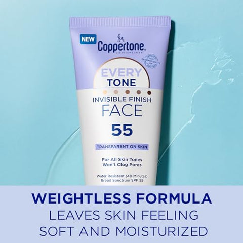 Protetor Solar Facial FPS 55, Leve, Transparente para Todos os Tons de Pele, 60 ml - Coppertone
