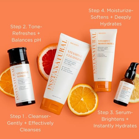 Kit de Cuidados com a Pele InstaNatural Vitamina C em 4 Passos, Ilumina, Hidrata, Previne Sinais de Envelhecimento, Sabonete Facial, Tônico, Sérum e Hidratante, com Extratos Botânicos