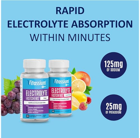 FastChews – Tabletes de Eletrólitos Mastigáveis para o Gerenciamento de POTS e Dietas com Alto Teor de Sódio, Tabletes de Sódio de Ação Rápida, Sabor Uva, 60 Unidades - Vitassium