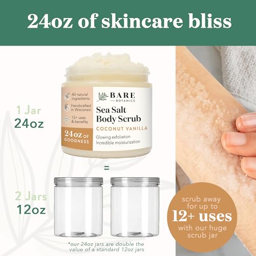 BARE BOTANICS - Bare Botanics Esfoliante Corporal de Coco Baunilha 700ml | Feito em Madison, WI | Esfoliante Natural de Sal Marinho com Hidratantes para a Pele | Vegano