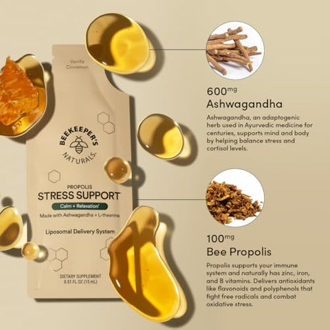 Beekeeper's Naturals - Propolis Liposomal Beekeeper’s Naturals 600mg, Ashwagandha L-theanine, Suporte Anti-Stress para Mais Calma
