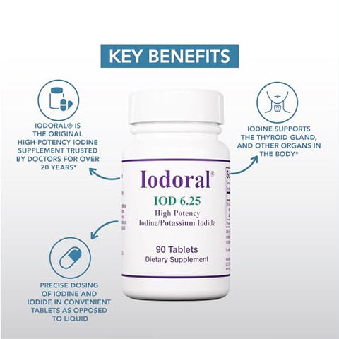 Optimox - Iodoral 6.25 mg – Suplemento de Iodo para Suporte da Tireoide, Comprimidos de Iodeto de Potássio, Solução de Lugol, Vitaminas e Minerais Diários, Comprimidos de Iodo de Alta Potência – 90 Comprimidos 1-Pack