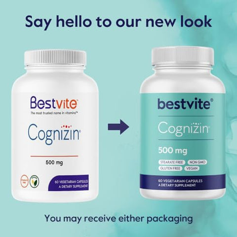 Cognizin 500mg (120 Cápsulas Vegetarianas) (60×2) – Estudo Clínico de Choline Nootropic Premium – Sem Estearatos – Vegano – Não Transgênico – Livre de Glúten – Suplementos para o Cérebro - BESTVITE