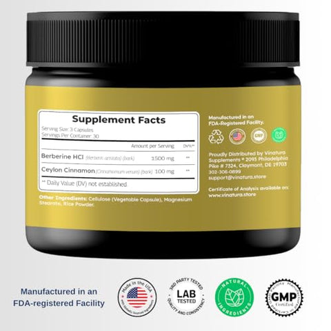 VINATURA - Berberina 1500mg com Canela do Ceilão – Fabricado nos EUA | Compre Agora