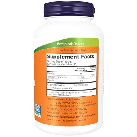 Suplementos, Spirulina Orgânica 500 mg com Vitaminas, Minerais e GLA (Ácido Gama-Linolênico), 500 Comprimidos - NOW Foods