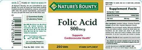 Nature's Bounty - Nature’s Bounty Ácido Fólico, Suporte à Saúde Cardiovascular, 800mcg, 250 Comprimidos (Pacote com 3)