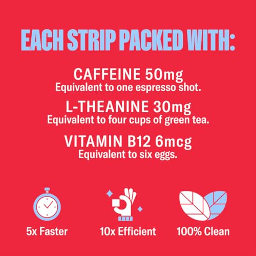 NuStrips - Energia Natural | Tiras Energéticas Instantâneas com 50mg de Cafeína, L-Teanina, Vitamina B12 | 30 Tiras Energéticas = 30 Bebidas Energéticas | Absorção 5X Mais Rápida