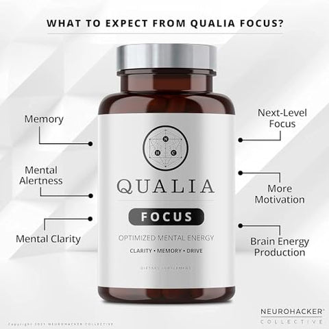 NEUROHACKER COLLECTIVE - Qualia FOCUS – Suplemento Cerebral para Energia Mental Sustentada, Alerta e Concentração – 60 Cápsulas