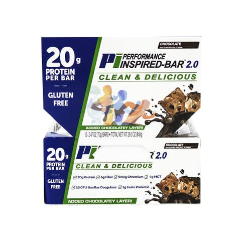 PERFORMANCE INSPIRED - Performance Inspired Nutrition – Barra de Proteína 2.0 – 20g Proteína – 6g Fibra – 4g MCTs – 1 Bilhão CFU Probióticos – 1g Prebióticos – Sem Glúten – Barra de 70g – Chocolate