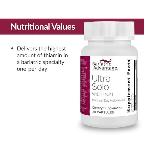 Ultra Solo com Ferro – Multivitamínico Diário para Pacientes de Cirurgia de Bypass Gástrico e Gastrectomia Vertical, Inclui Vitaminas B12, C, D, K, Tiamina e Cobre – 30 Unidades - Bariatric Advantage