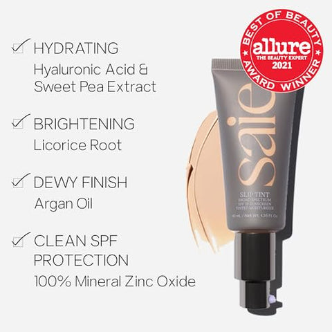 Slip Tint SPF 35 Hidratante com Tonalizante – Cobertura Leve, Protetor Solar de Amplo Espectro com Óxido de Zinco e Ácido Hialurônico Hidratante – Tom Três Meio (40 ml) - Saie