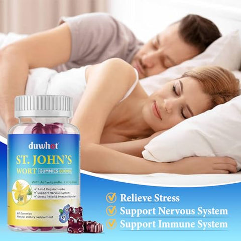 duwhot - Gomas de Hipérico 600mg, 3 em 1 Suplementos Orgânicos de Ervas para Alívio do Estresse, Suporte ao Sistema Nervoso, com Ashwagandha