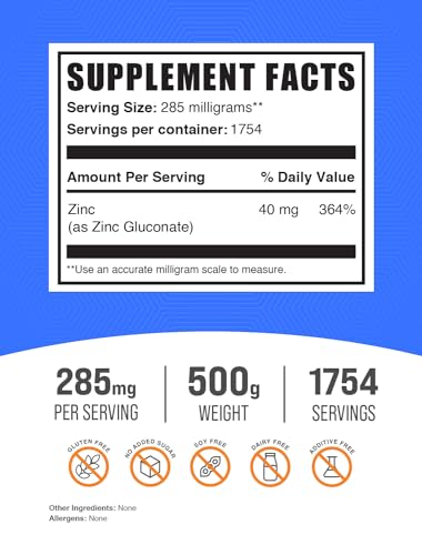 Zinc Gluconate em Pó BulkSupplements.com – 40mg de Zinco, Suplemento de Zinco para Suporte Imunológico – Livre de Glúten, 285mg por Porção, 500g (1.1 lbs) (Pacote de 1)
