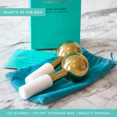 MonétBeauty - Globos de Gelo em Aço Inoxidável para Faciais (Dourado), Duráveis e Instantaneamente Reduzem Inchaço, Fecham Poros e Aliviam Sinusite, Globos Faciais para Massagens e Beleza Diária