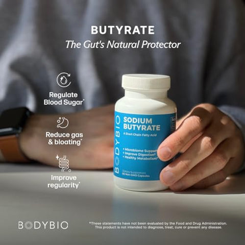 Suplemento BodyBio Gut Health 100 Cápsulas – Sódio de Butirato | O Melhor Pós-biótico | Sem Inchaço | Sem Gases | Ótima Digestão | Suporte para Saúde Digestiva | Reparo do Intestino Permeável | Sem