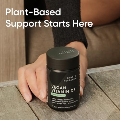 Vitamina D3 Vegana Sports Research 5000UI (125 mcg) com Óleo de Coco | Vitamina D 100% Vegetal para Ossos e Articulações
