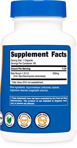 Beta Glucan 500mg 1,3/1,6 D-Glucan – 60 Cápsulas Vegetarianas – Livre de Glúten, Não-OGM - Nutricost