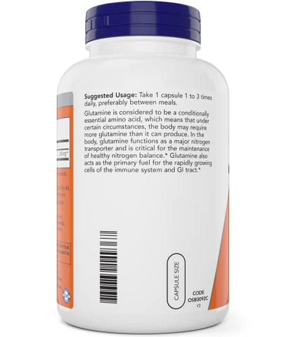 NOW Foods - Now L-Glutamine 500mg 300 Cápsulas Vegetais – Suplemento Não-OGM – Vegan Lglutamine Caps