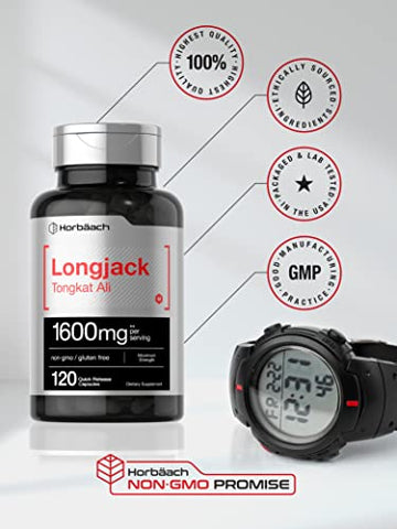 Longjack Tongkat Ali 1600 mg | 120 Cápsulas | Extrato de Raiz de Longifolia em Pó | Fórmula de Força Máxima | Livre de OGM, Sem Glúten - Horbäach