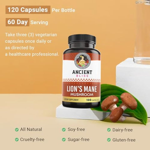 Lion’s Mane – 120 Cápsulas Veganas de Cogumelo (2 Meses de Fornecimento) – Suporte para Clareza Mental e Energia - Ancient Bliss
