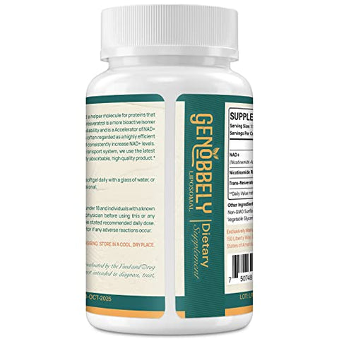 GENOBBELY - Suplemento Liposomal NAD 800 mg com Nicotinamida Ribosídeo 200 mg, Trans-Resveratrol 100 mg – Reparo de DNA, Envelhecimento Saudável, Função Cerebral – Fornecimento de 360 Dias