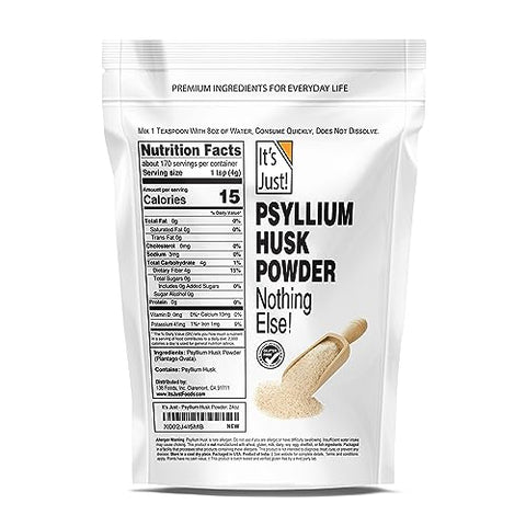 It's Just! - Psyllium Husk Powder It’s Just! – Pó de Casca de Psyllium, Fibra Dietética de Fácil Mistura, Limpe seu Sistema Digestivo, Pó Finamente Moído, Ideal para Receitas Keto, Não-OGM (Sem Sabor, 680g)