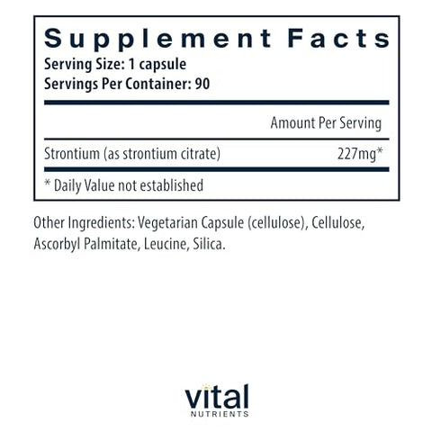 Strontium Citrate | Suplemento Vegano para Fortalecimento Ósseo | 227mg de Citrato de Estrôncio para Saúde Óssea e Dentes Saudáveis | Livre de Glúten, Laticínios e Soja | Não-OGM | 90 Cápsulas - Vital Nutrients