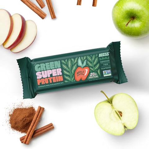 NECTIS - Nectis Green Super Barra de Proteína de Refeição, Maçã Canela, 20g proteína vegetal, Verdes Orgânicos, alta fibra, vegano, sem soja, não transgênico, Barra de 82g, 8 unidades