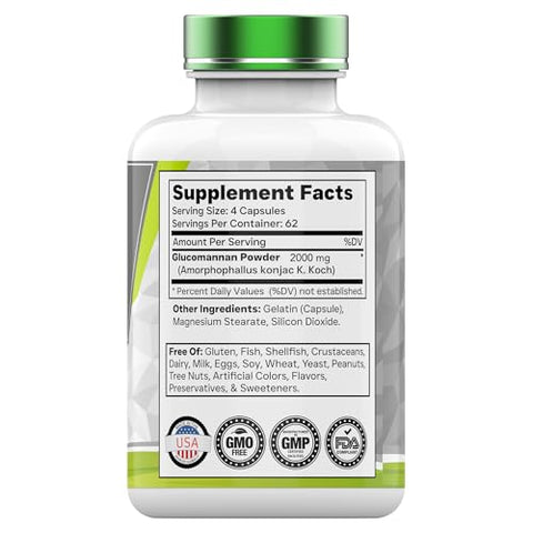 tnvitamins - Glucomannan Capsules 2000 MG – 250 Unidades | Extrato Natural de Raiz de Konjac em Pó | Fibra Solúvel | Suplemento de Fibra Alimentar